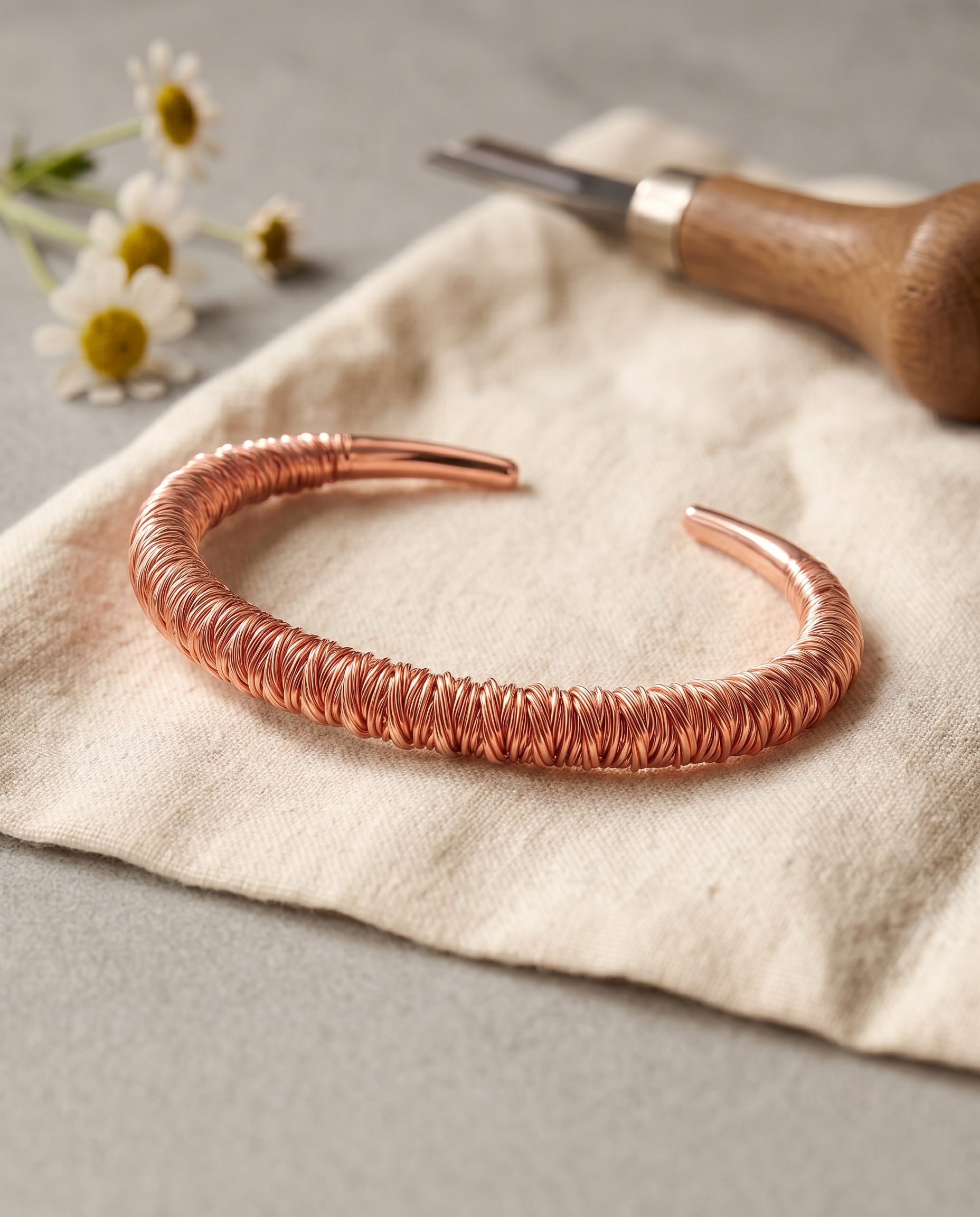 Wound coil copper cuff with ridged texture