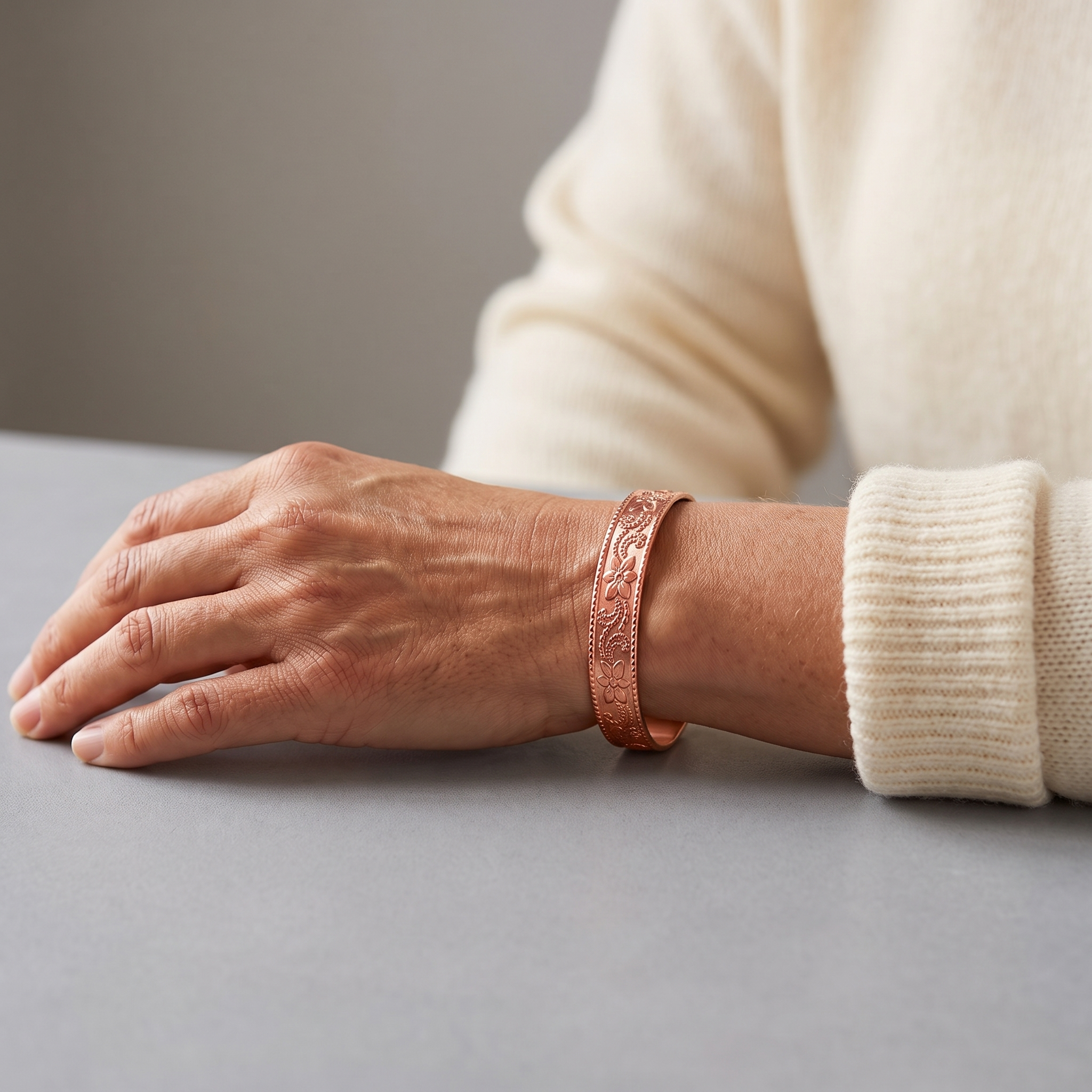Woman wearing an engraved bypass copper cuff
