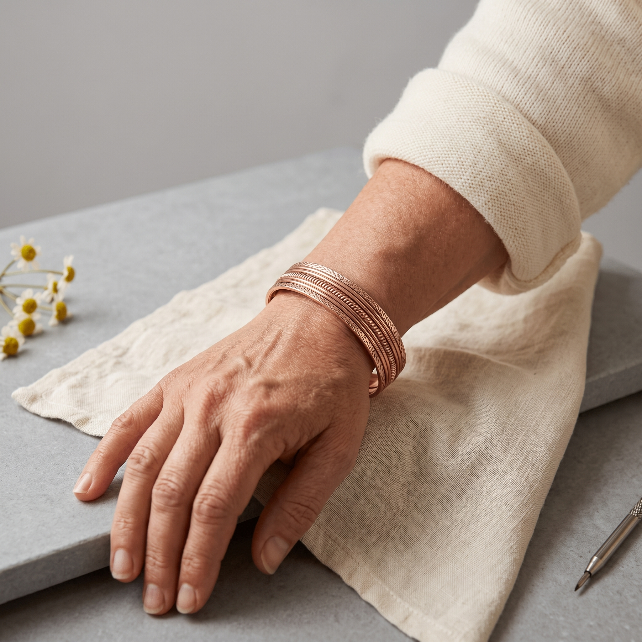 Woman wearing a faceted six-strand copper cuff