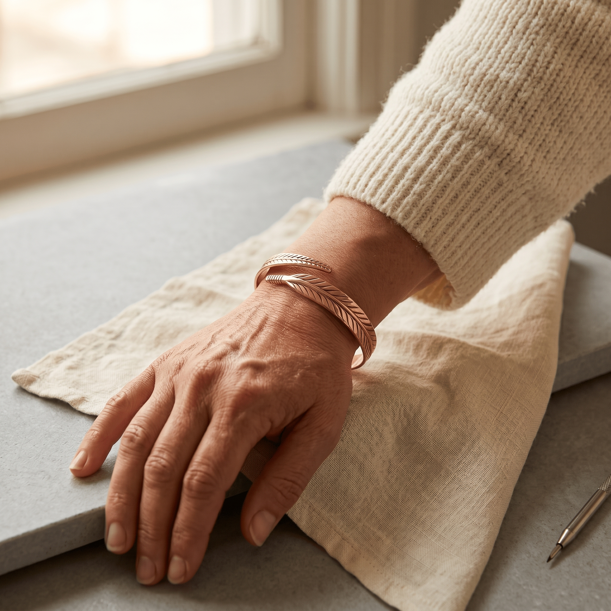 Plaited copper bracelet with woven band
