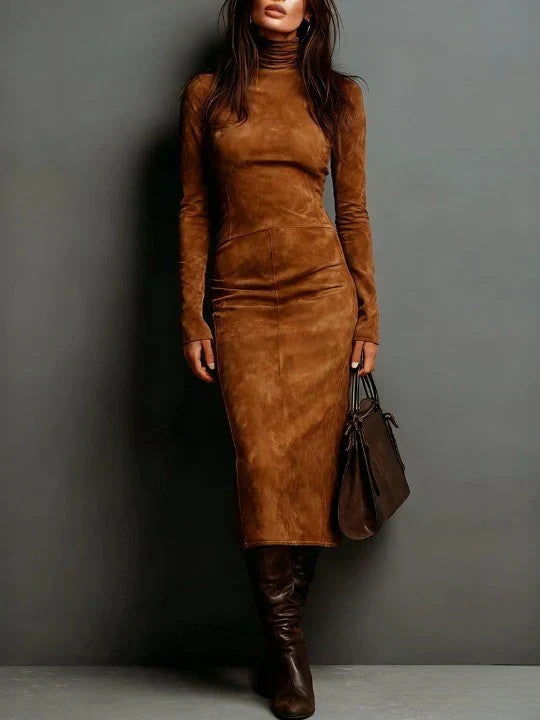 Woman wearing a suede-effect high-neck midi dress