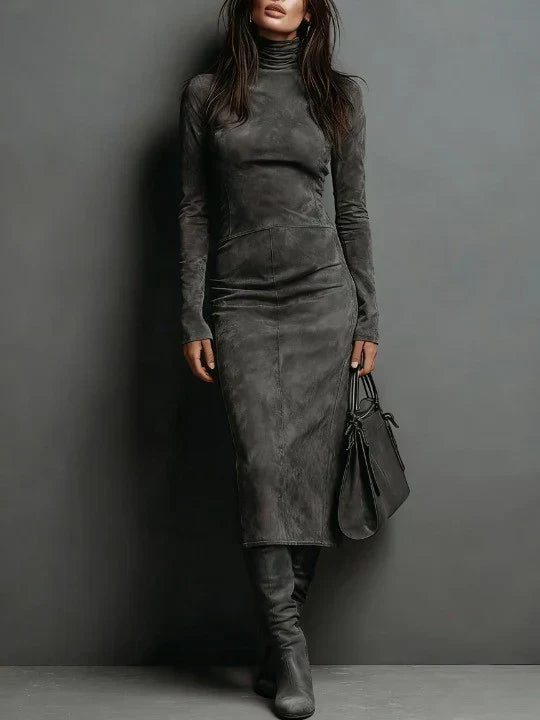 Woman wearing a suede-effect high-neck midi dress