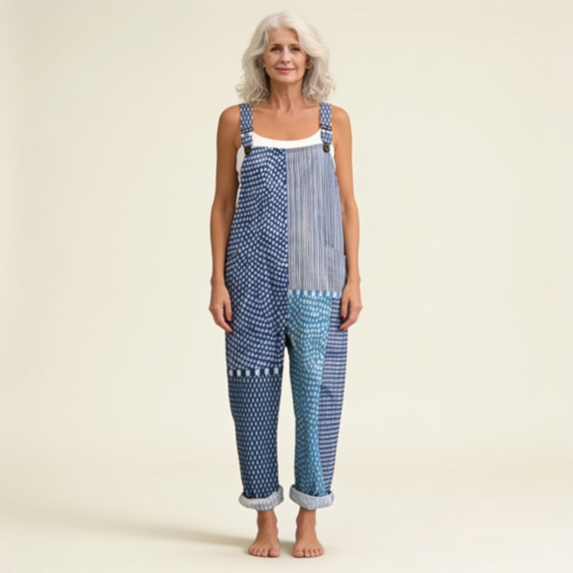 Blue-Patchwork Dungarees by Eleanor Vale