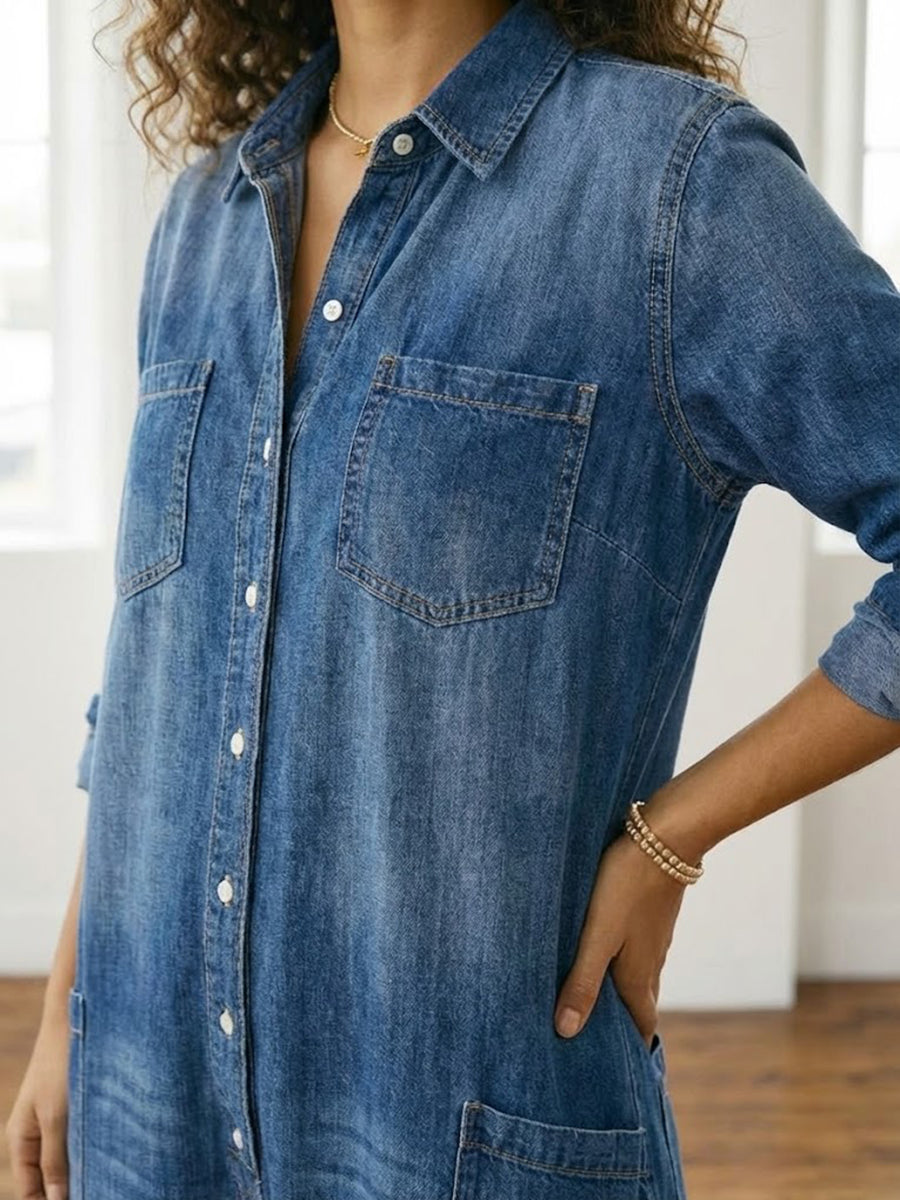 Woman wearing a soft cotton denim jumpsuit