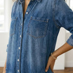 Woman wearing a soft cotton denim jumpsuit