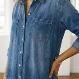 Woman wearing a soft cotton denim jumpsuit