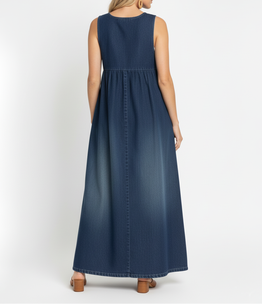 Woman wearing a long vintage-inspired denim maxi dress
