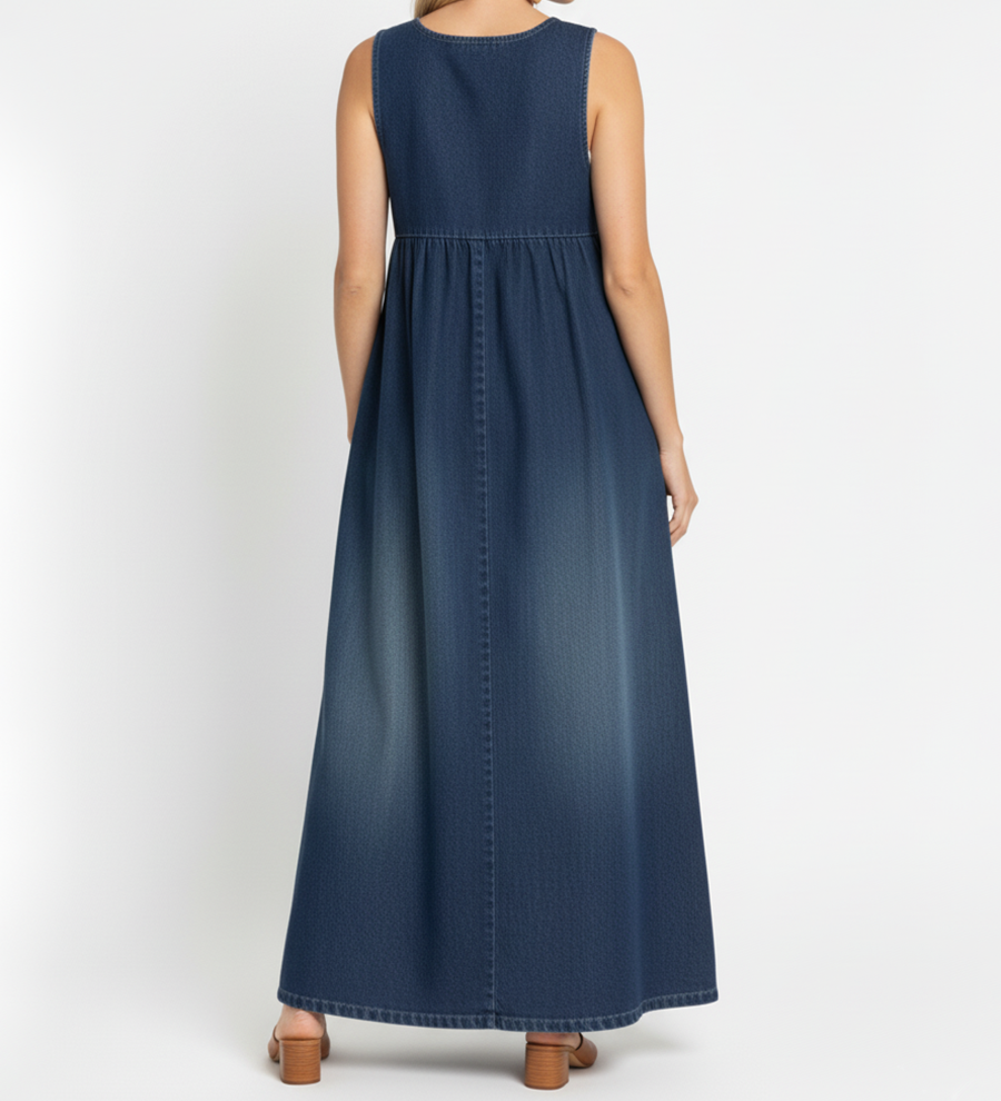 Woman wearing a long vintage-inspired denim maxi dress