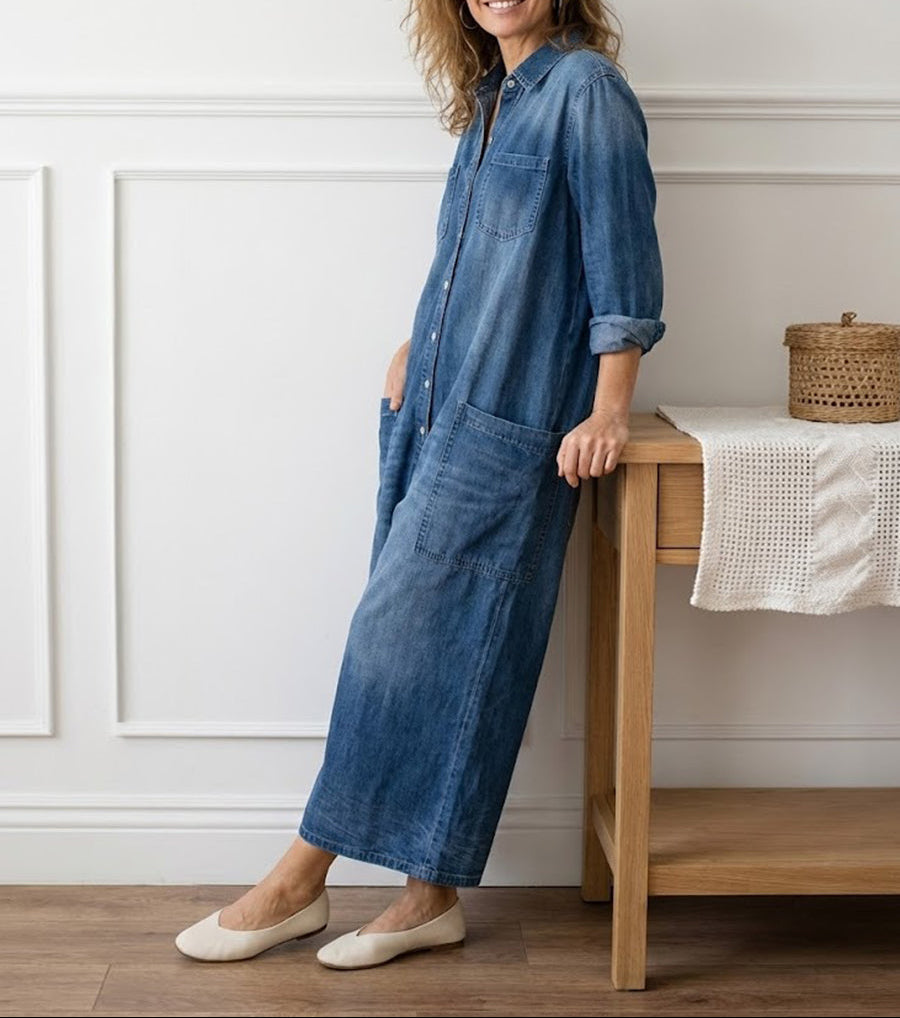Woman wearing a soft cotton denim jumpsuit