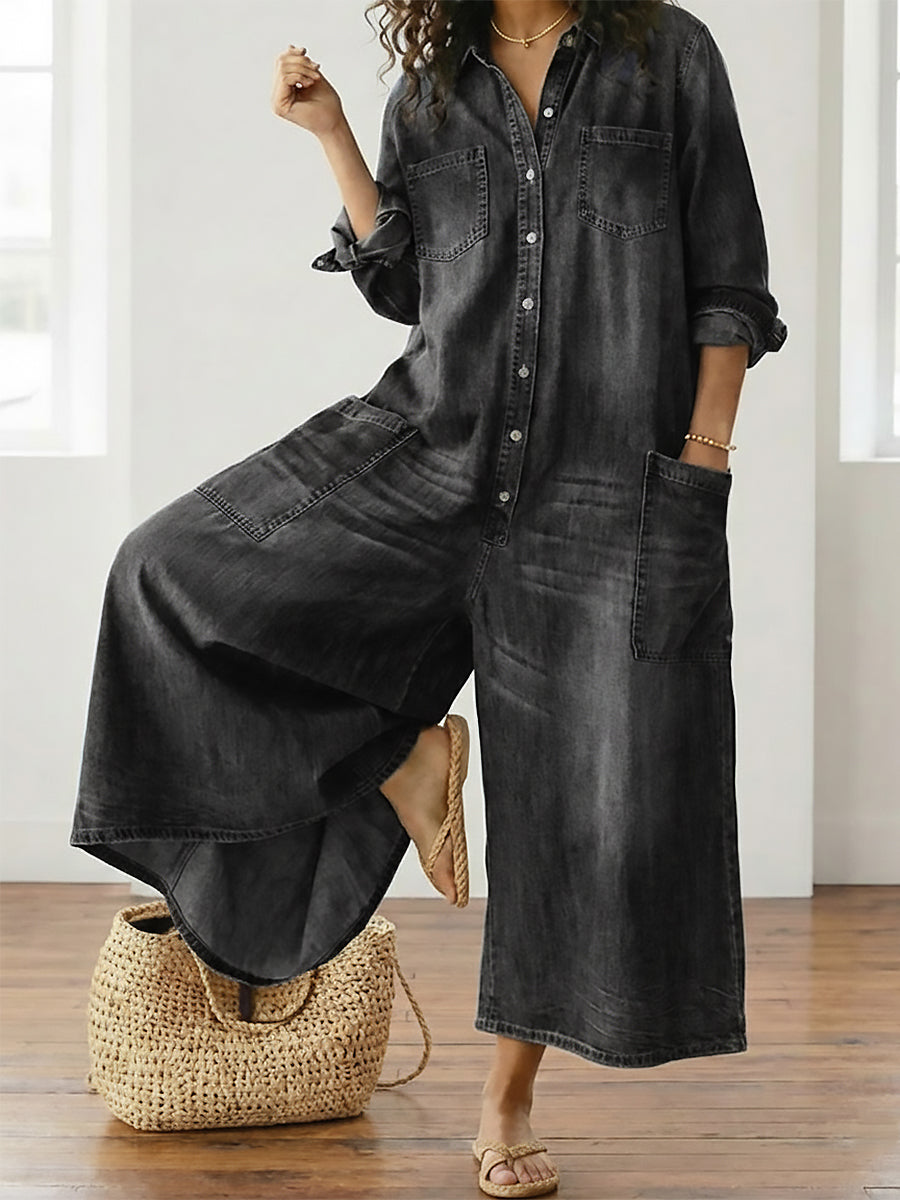 Woman wearing a soft cotton denim jumpsuit