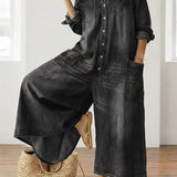 Woman wearing a soft cotton denim jumpsuit