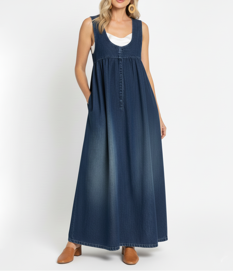 Woman wearing a long vintage-inspired denim maxi dress
