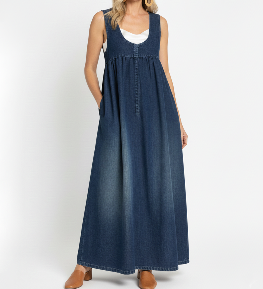Woman wearing a long vintage-inspired denim maxi dress