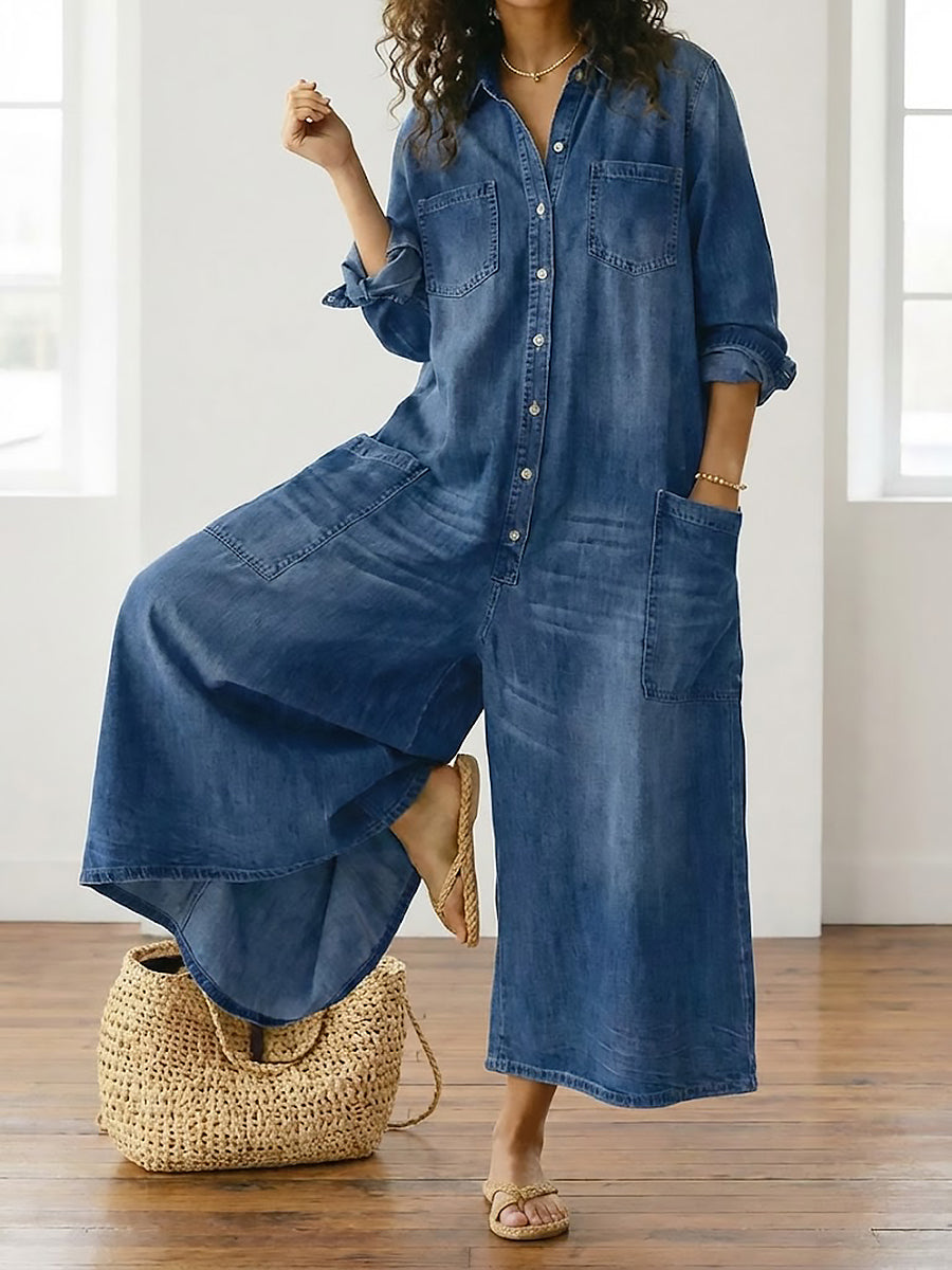 Woman wearing a soft cotton denim jumpsuit