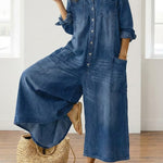 Woman wearing a soft cotton denim jumpsuit