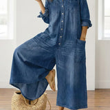 Woman wearing a soft cotton denim jumpsuit