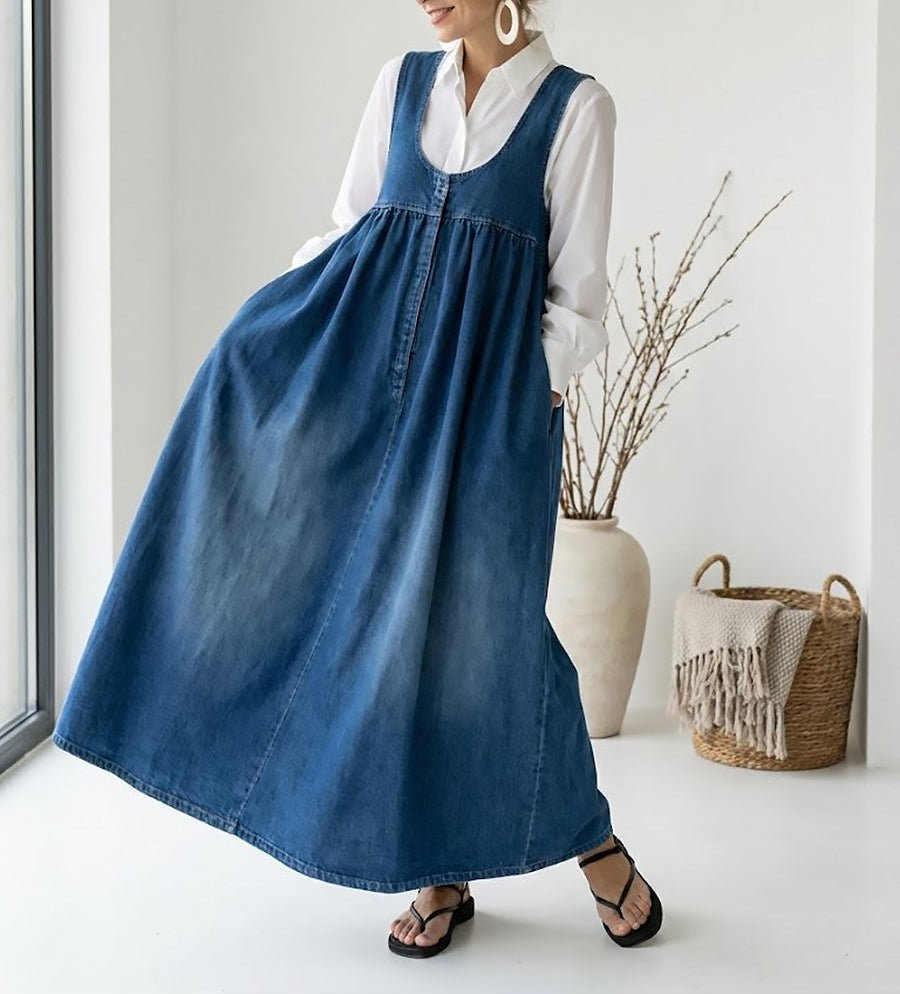 Woman wearing a long vintage-inspired denim maxi dress