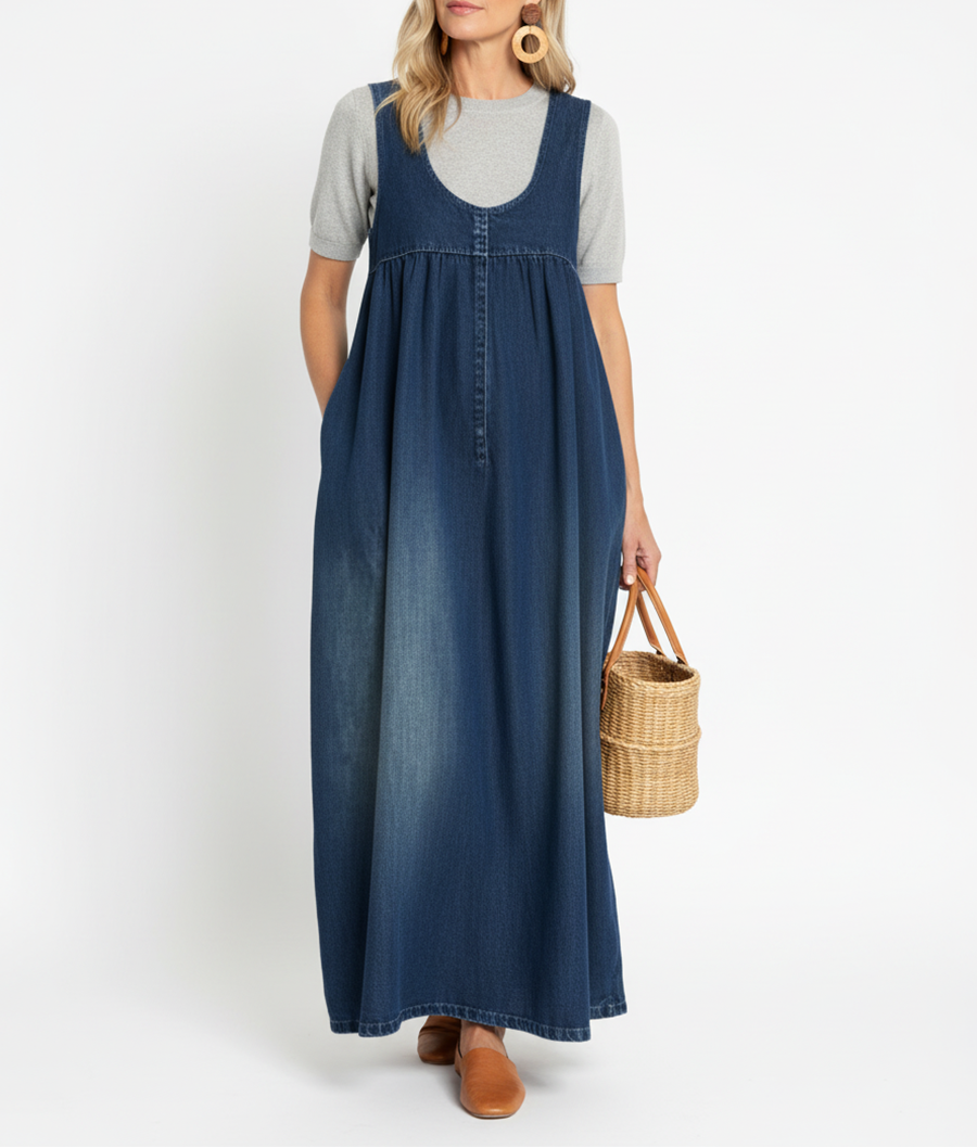 Woman wearing a long vintage-inspired denim maxi dress