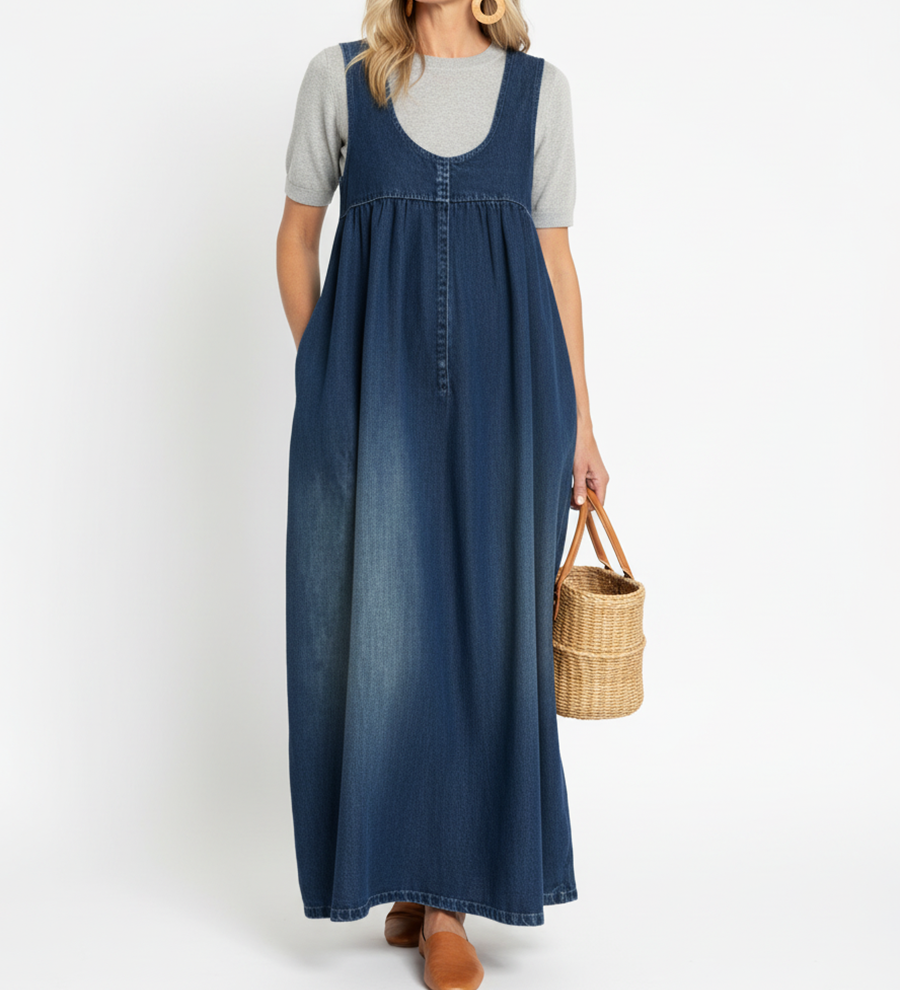 Woman wearing a long vintage-inspired denim maxi dress