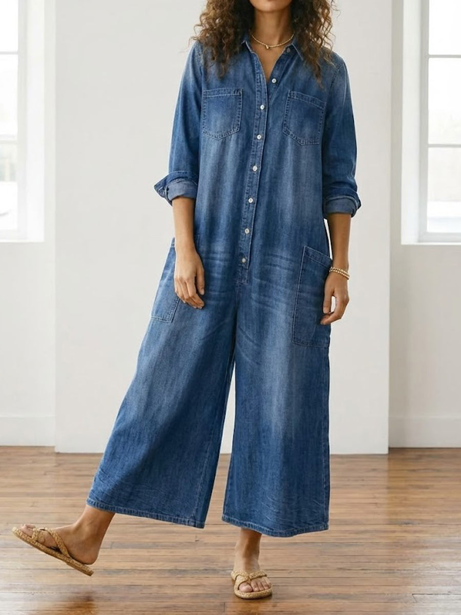 Woman wearing a soft cotton denim jumpsuit