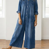 Woman wearing a soft cotton denim jumpsuit