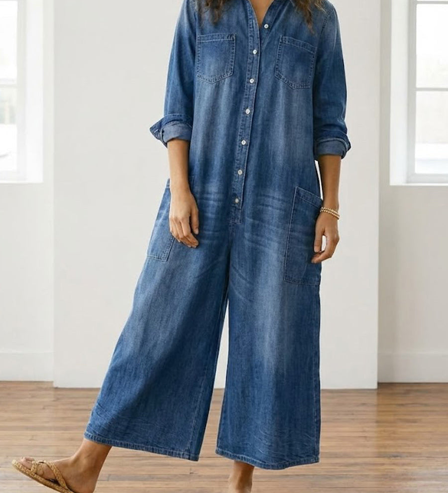 Woman wearing a soft cotton denim jumpsuit