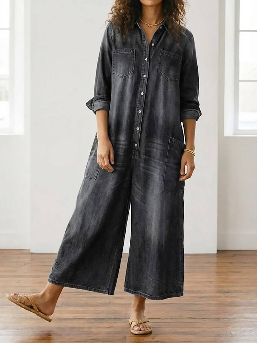 Woman wearing a soft cotton denim jumpsuit