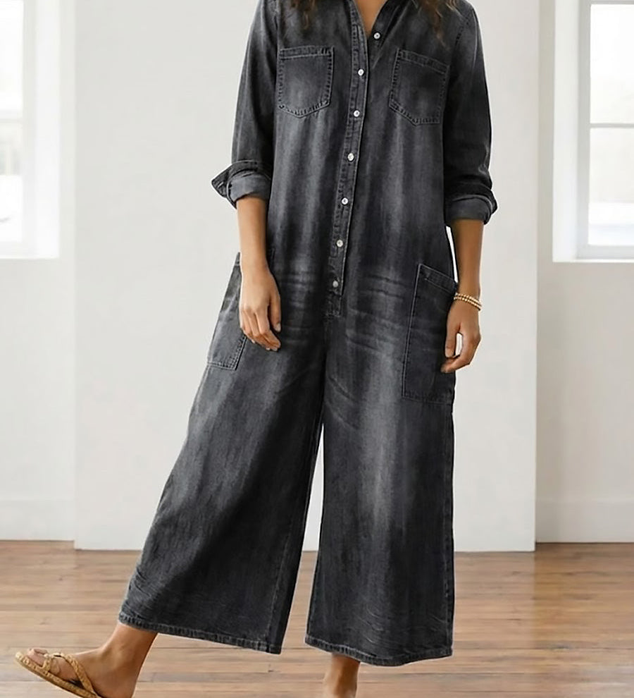 Woman wearing a soft cotton denim jumpsuit