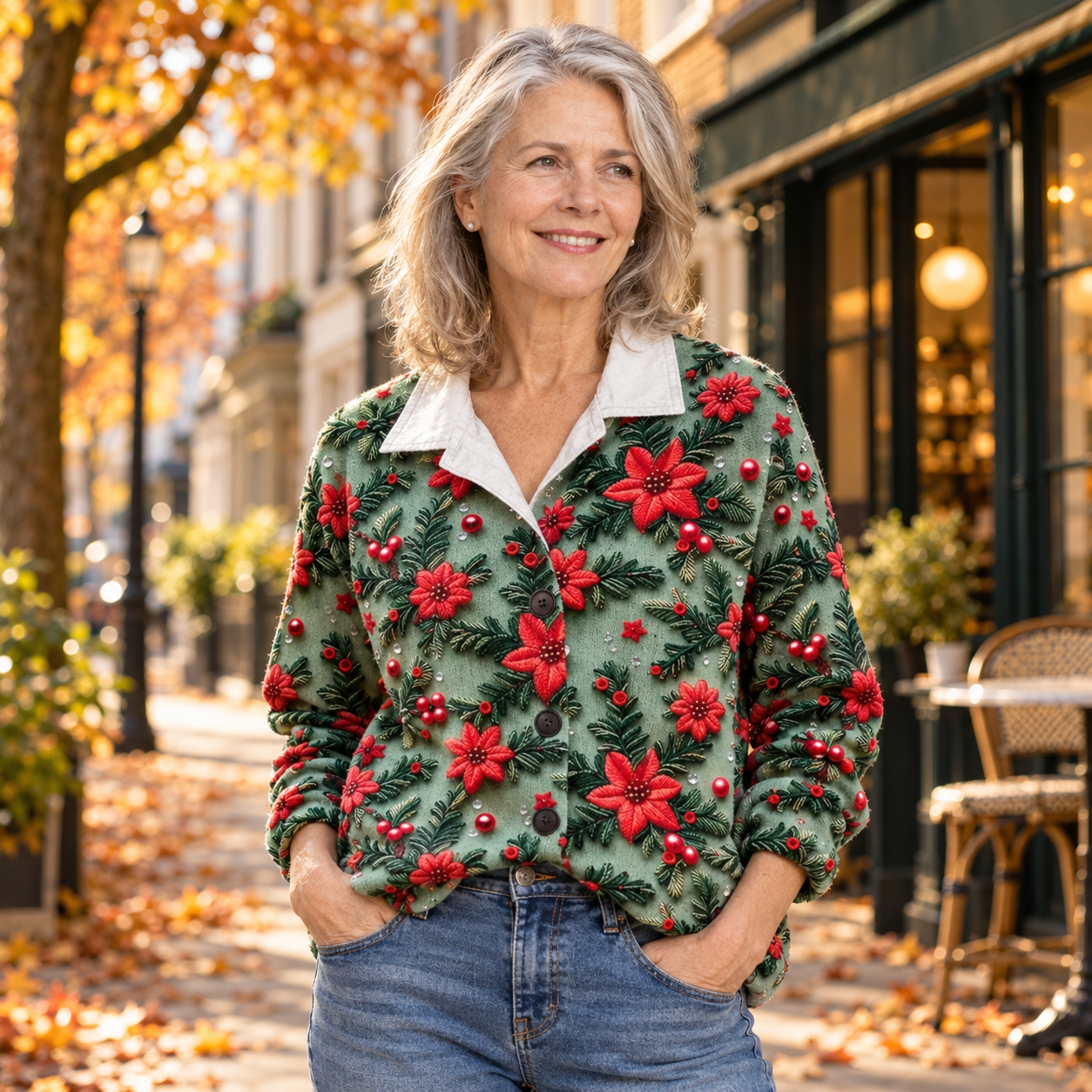 Flora - Poinsettia-Print Printed Cardigan
