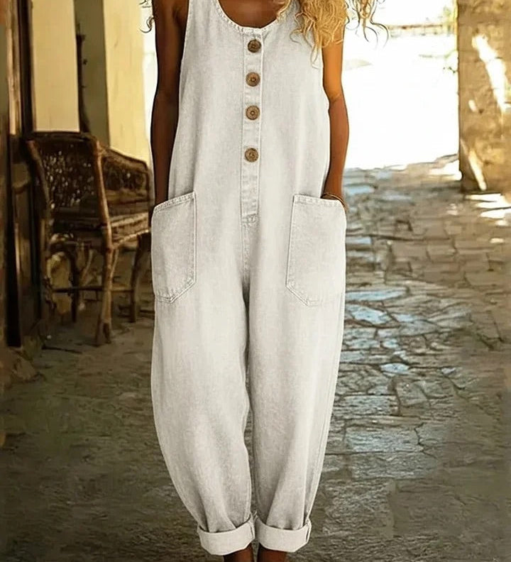 Woman wearing a vintage-wash denim jumpsuit