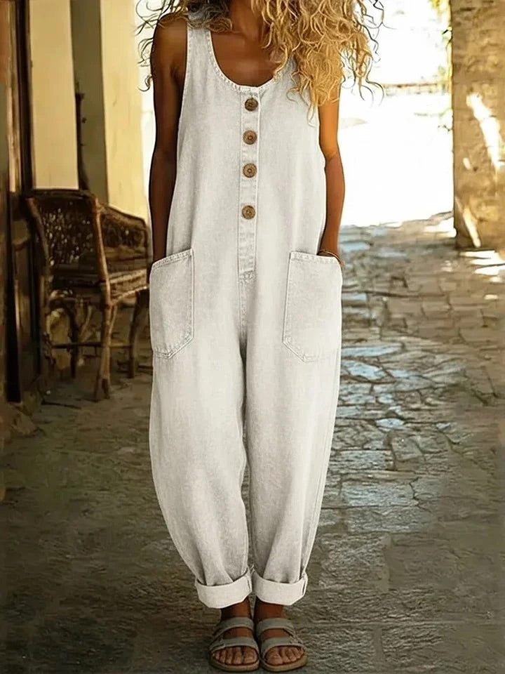 Woman wearing a vintage-wash denim jumpsuit