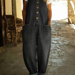 Woman wearing a vintage-wash denim jumpsuit