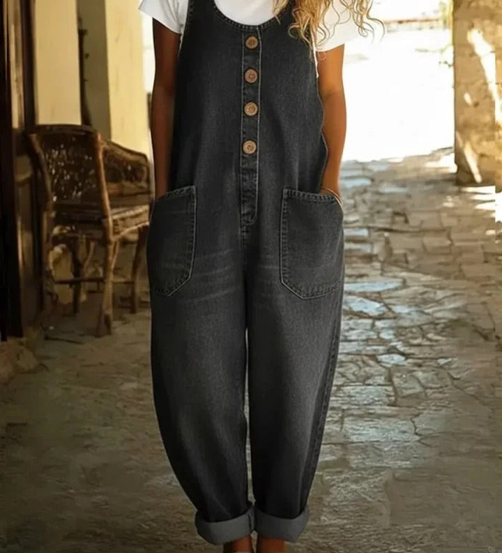 Woman wearing a vintage-wash denim jumpsuit