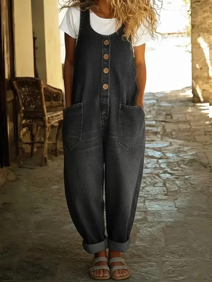Woman wearing a vintage-wash denim jumpsuit