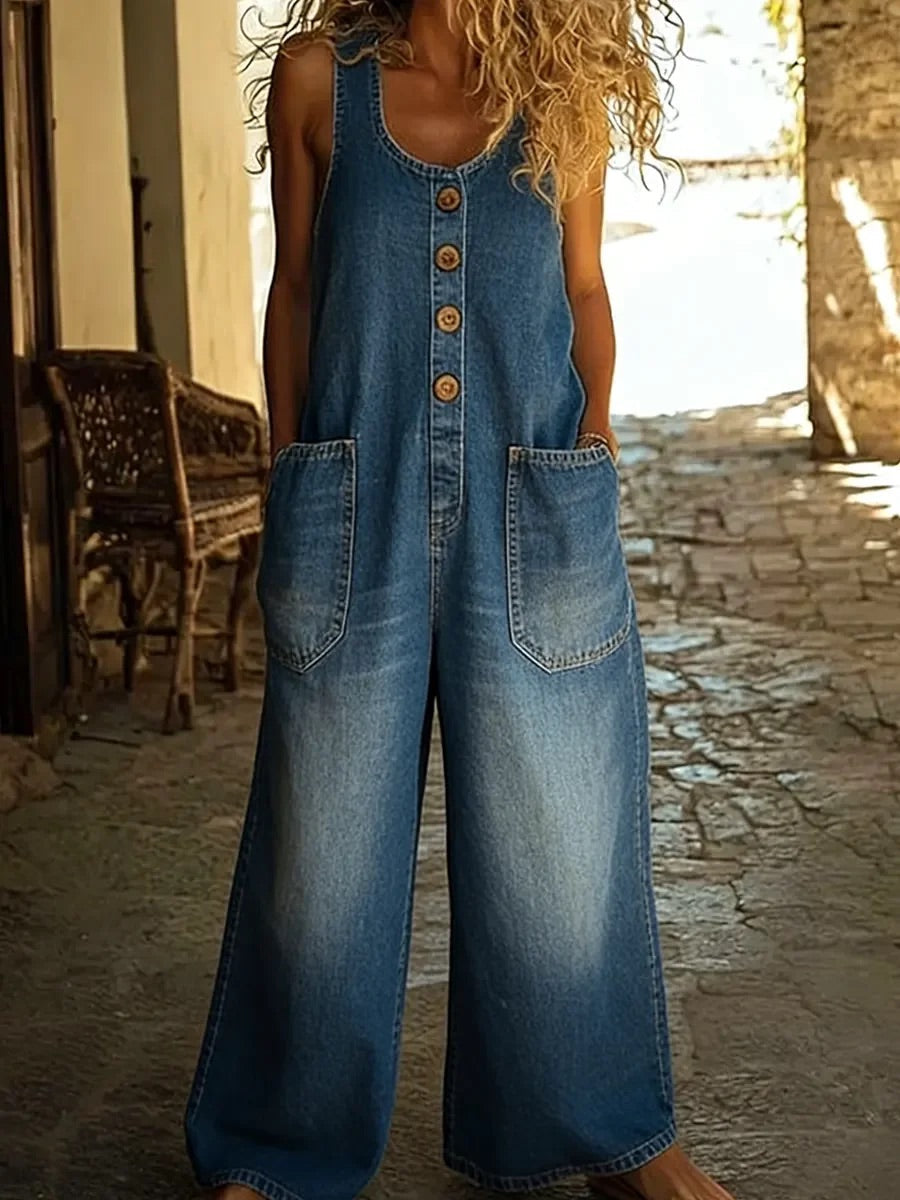 Woman wearing a vintage-wash denim jumpsuit