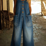 Woman wearing a vintage-wash denim jumpsuit