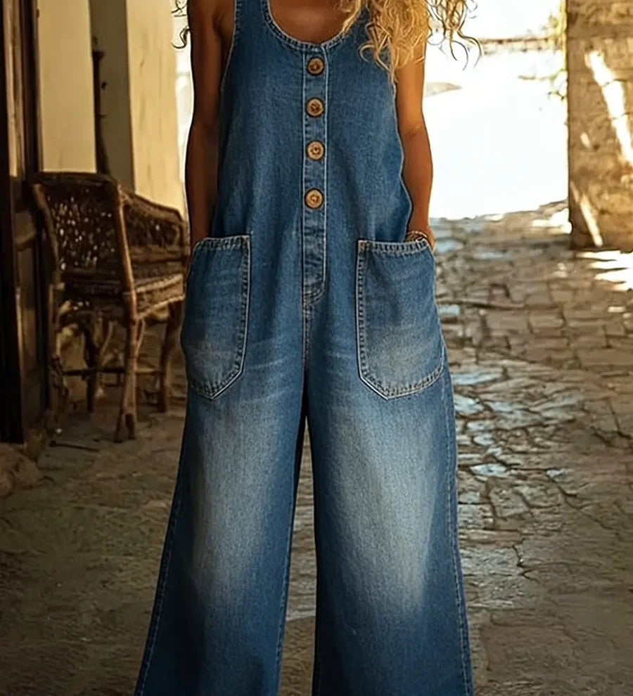 Woman wearing a vintage-wash denim jumpsuit