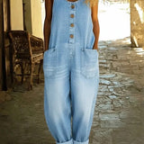Woman wearing a vintage-wash denim jumpsuit
