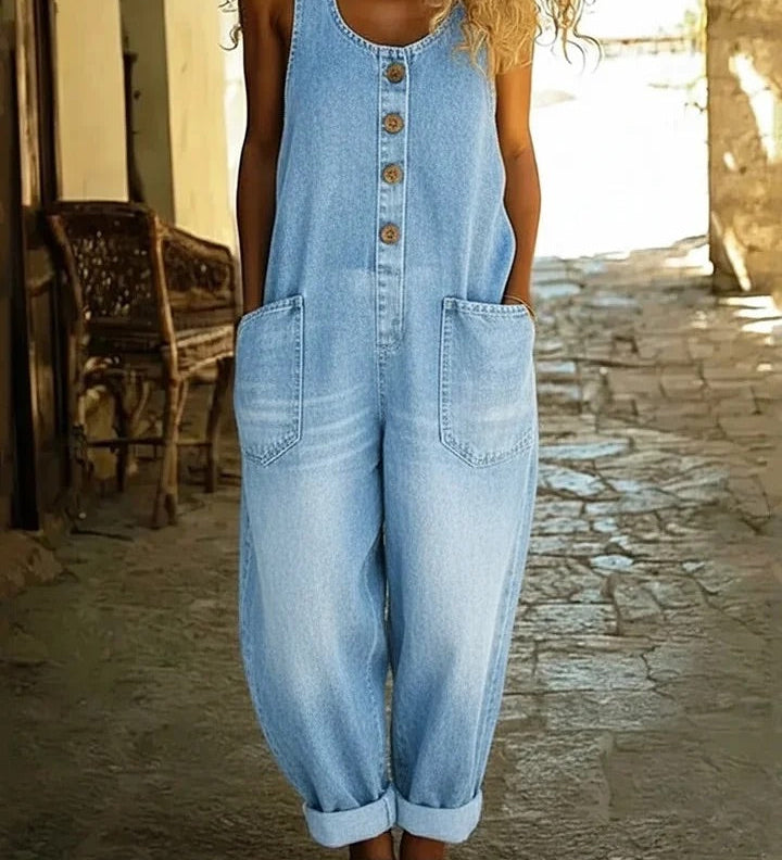 Woman wearing a vintage-wash denim jumpsuit