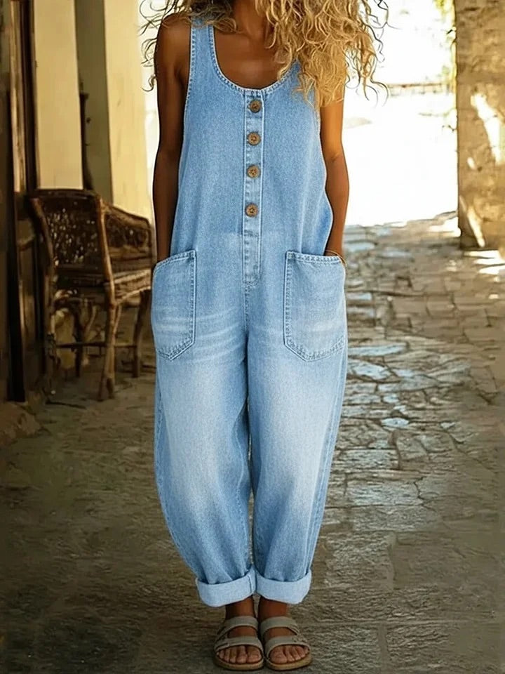 Woman wearing a vintage-wash denim jumpsuit