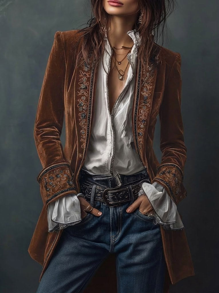 Woman wearing a long embroidered velvet jacket