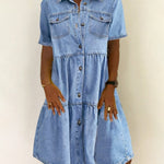 Woman wearing a casual denim midi dress