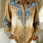 Woman wearing a vintage western floral button-up blouse