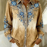 Woman wearing a vintage western floral button-up blouse