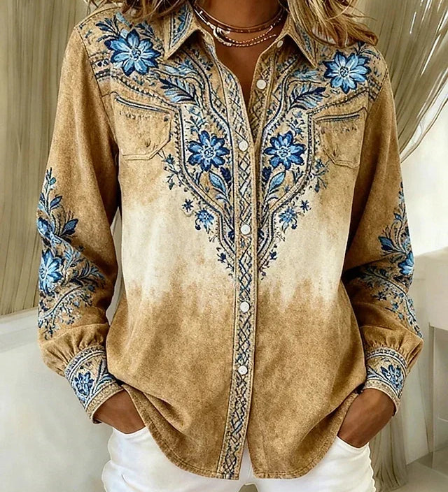 Woman wearing a vintage western floral button-up blouse