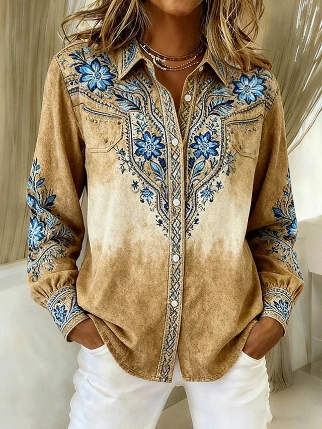 Woman wearing a vintage western floral button-up blouse