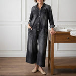 Woman wearing a soft cotton denim jumpsuit