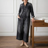 Woman wearing a soft cotton denim jumpsuit