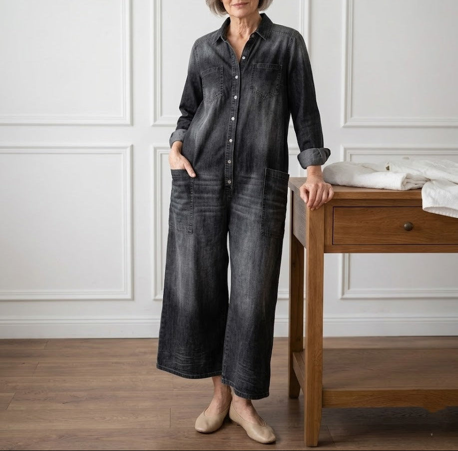 Woman wearing a soft cotton denim jumpsuit