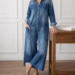 Woman wearing a soft cotton denim jumpsuit
